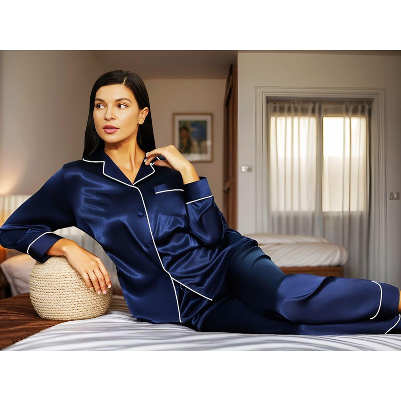 LONXU Women‘s Satin Pajamas Set Navy Blue L