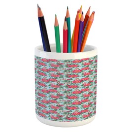 Ambesonne Peony Pencil Pen Holder, Coming of the Spring Arrangement of Flowers on Pastel Blue Background, Ceramic Pencil Holder for Desk Office Accessory, 3.6" X 3.2", Pale Blue Green Pink
