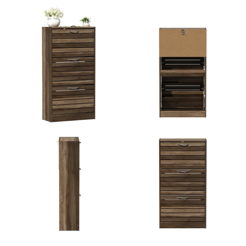 ECACAD 3-Drawer Shoe Storage Cabinet with Ventilate Doors, Wood 3-Tier