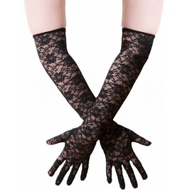 COSFAN Lace Gloves for Women - Floral for Bride, Opera, Stretchy Elbow Length, Flapper Accessories, black
