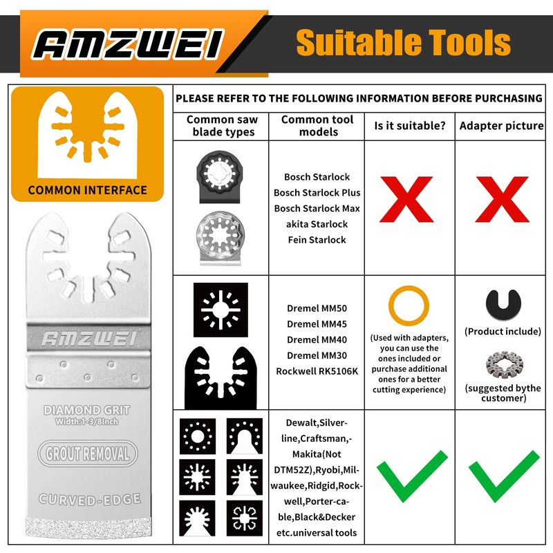 AMZWEI 8PCS Diamond Oscillating Tool Blades, Curved Edge Long Multi