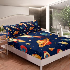 Feelyou Outer Space Bedding Set Twin Size Solar System Fitted Sheet for Boys Children Galaxy Space Rocket Universe Planets Bed Sheet Set Room Decor Orange Bed Cover Deep Pocket(No Top Sheet) 2Pcs