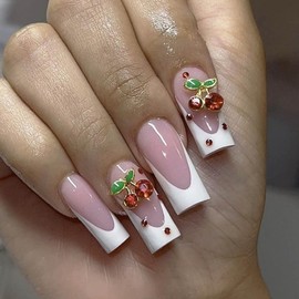 CEWEWP French Tip Press on Nails Long Square Pink Fake Nails Red Diamond False Nails Red Cherry Nail Charms Designs Press on Nail Summer Acrylic Full Cover Glue on Nails for Women Girls 24 Pcs