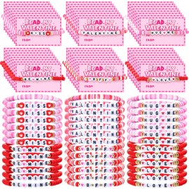 Ferreve 60 Set Valentines Card with Friendship Bracelet Classroom Valentines Day Exchange Gifts Beaded Bracelets Bulk Stackable Stretch Clay Bracelets for Friends School Valentines Party Favor