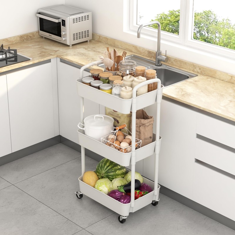 Sywhitta 3-Tier Plastic Rolling Utility Cart with Handle, Multi-Functional Storage