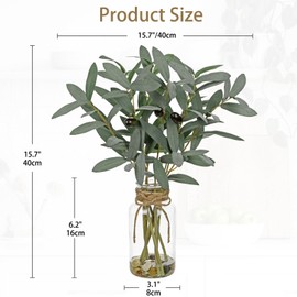 DILATATA Artificial Olive Stems in Glass Vase with Faux Water and Real Stones 15" Fake Greenery Plant Olive Leaves for Home Office Farmhouse Bathroom Bedroom Kitchen Table Centerpiece Decor