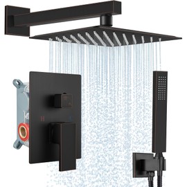 Midanya Rain Shower System Square Rainfall Shower Head Wall Mount Shower Faucet Set with Hand Sprayer Rough-in Valve Trim Kit Bathroom Mixer Shower Combo Set,10 Inch,Oil Rubbed Bronze