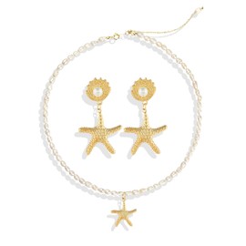 Dcfywl731 Starfish Jewelry Set Gold Starfish Earrings for Women Natural Freshwater Pearl Choker Necklace Sea Shell Cowrie Dangle Earrings Ocean Beach Jewelry Outfits Accessories