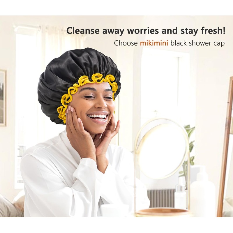 mikimini Extra Large Black Shower Cap for Women and Men,