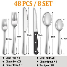 48 Pcs Silverware Set with Steak Knives Service for 8,Stainless Steel Flatware Set,Mirror Polished Cutlery Utensil Set,Home Kitchen Eating Tableware Set,Include Fork Knife Spoon Set,Dishwasher Safe
