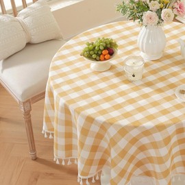 Laolitou Yellow Checkered Round Tablecloth Washable Buffalo Plaid Table Cloth with Tassel Cotton Linen Gingham Table Cover for Spring Picnic, Yellow, Round, 60", 2-4 Seats