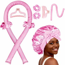 Rizador de pelo sin calor, rizos sin calor para secar durante la noche, juego de rizador sin calor con gorro de seda para dormir, color rosa
