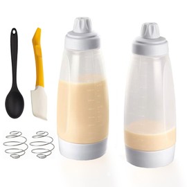 2 Packs Pancake Batter Dispenser, Pancake Mixer Bottle with Silicone Spatula and Spoon, Kitchen Squeeze Batter Dispenser and Mixer for Pancakes, Waffles, Crepes, Muffins, Cupcakes