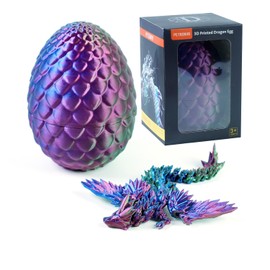 3 Colors 7" 3D Printed Dragon with Wings in Egg, Easter Basket Stuffers, Crystal Dragon Surprise in Eggs, Articulated Dragon, Dragon Fidget Toy, Home Office Decor Executive Desk Toy (Purple)