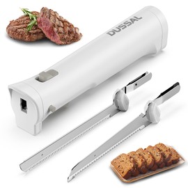 DUSSAL Cordless Electric Knife Rechargeable, Electric Carving Knife, 4 Stainless Steel Blades, Safety Lock Switch, Blade Release Buttons, Cutting Meats, Poultry, Bread, Cheese & More (White)
