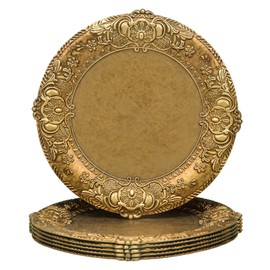 MAONAME 13" Antique Gold Charger Plates, Plate Chargers with Embossed Rim, Round Plastic Charger Plates for Wedding, Table Decor, Set of 6