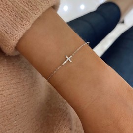 Tewiky Cross Bracelet for Women Dainty 14k Gold Cubic Zirconia Classic Tennis Bracelet Cute Gold Tiny Rope Cuban Figaro Herringbone Chain Link Bracelet Confirmation Gifts for Girls