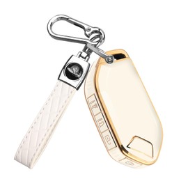 QBUC for Kia Key fob Cover,Soft TPU 360°Car Key Case Protector with Leather Keychain Compatible with Kia Telluride 2023/2024 5 Buttons Smart Key (White)