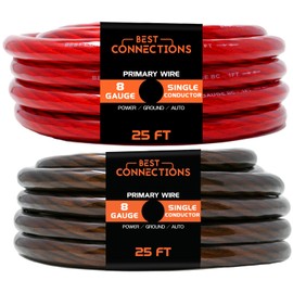 BEST CONNECTIONS (Various Lengths & Sizes) | Ideal for Automotive Wire, Car Amplifier, Speaker, Trailer | Durable Primary/Remote, Power/Ground Electrical (8 Gauge (25ft Each - Red/Black))