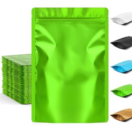 FUNFERY 6.3x9.4 inch Stand Up Mylar Resealable Bags for Food Storage,Smell Proof Foil Pouch,Food Packaging Sealable Bags,Mylar Zipper Bag for Jerky,Candy,Cereal,Coffee, Cards,Green,50 Pack