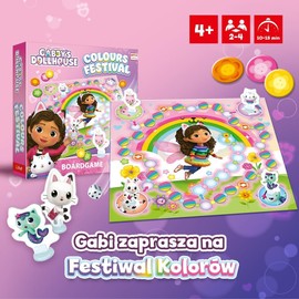 Trefl - Colours Festival, Gabby's Dollhouse - Family Board Game with Memorial, Pawns with Heroes Cat House Gabi, Family Game for Children from 4 years