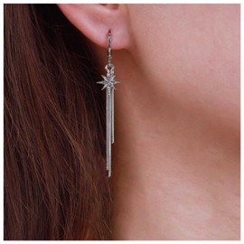 Iaceble Boho Cz Northstar Chain Drop Earrings Crystal Star Hoop Earrings Long Tassel Chain Earrings Silver Star Dangle Earrings Jewelry for Women and Girls