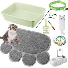7 Pcs Small Cat Kitten Starter Kit Cat Litter Box with Shovel Cat Paw Litter Mat Double Automatic Cat Bowls Cat Toy Teaser Stick Cat Collar Essentials Kits for 1-3 Lbs Beginner (Green,Simple)