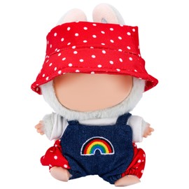 Penitue Doll Clothes Set, Cute 17cm Doll Costumes Including Rainbow Overalls White T-Shirt & Polka Dot Bucket Hat Fashion Outfit Clothing Accessories Supplies (Red)