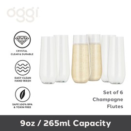 Oggi Unbreakable Champagne Flutes, Set 6 - Elegant Reusable Plastic Wine Cups, Stemless Wine Glass Flute Design, Shatterproof Plastic, Ideal for Indoor and Outdoor Use, Recyclable - 9oz / 265ml