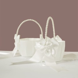 STAFUNI 2 PCS Wedding Flower Girl Basket, Pearl Handle Cute Flower Basket for Flower Girl, Ivory