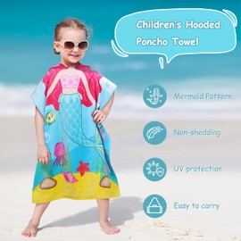 Kato Tirrinia Mermaid Bath Poncho Bathrobe Hooded Towel Children Girls Terry Towelling Bath Towel Beach Towels Cotton Camping Surf Beach Poncho Children, 60 x 60 cm