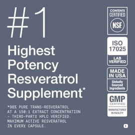 Toniiq NSF Certified Ultra High Purity Resveratrol Capsules - 98% Trans-Resveratrol - Highly Purified and Bioavailable - 180 Caps Resveratrol Suppleme