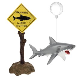 BEEMERIT Aquarium Shark Décor Set - Floating Great White Shark with Shark Warning Sign for Fish Tanks - Decorative Accessories for Aquariums (Shark Sighted)