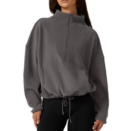 QINSEN Women Polar Fleece Sweatshirt Half Zip Long Sleeve Cozy Sherpa Pullover Jumpers Dark Grey S