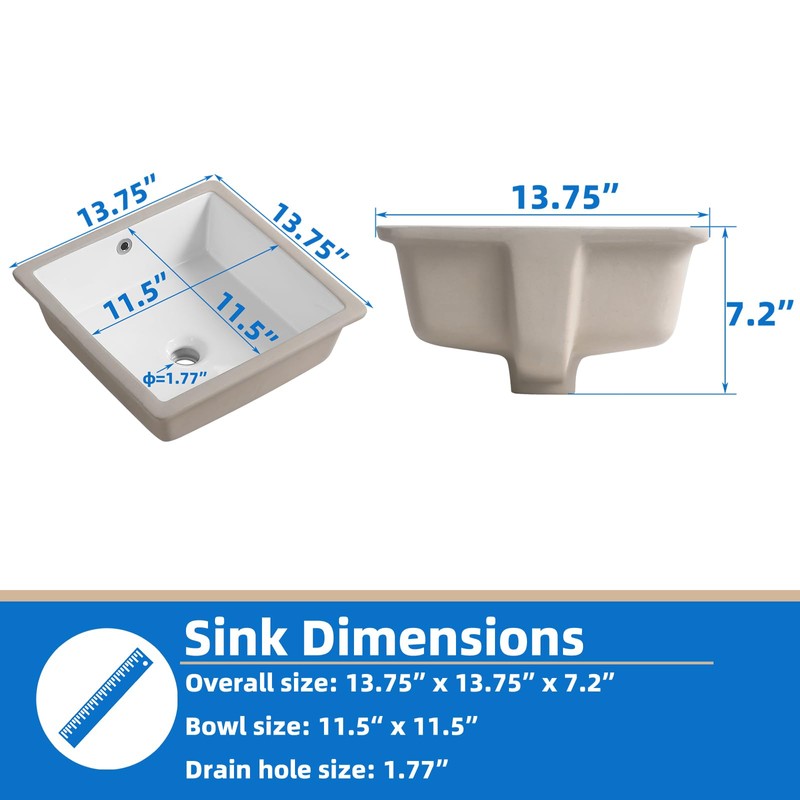14 Inch Small Square White Undermount Bathroom Sink 13.75" x
