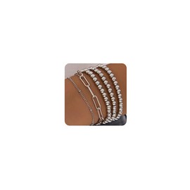 Jumwrit 5pcs Layered Beaded Bracelets Set for Women Dainty Stretch Elastic Round Ball Beads Bracelets Boho Stackable Paperclip Link Station Chain Bracelets Trendy Jewelry for Girls, Middle, Zinc,