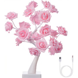 iKenta 18" Tree Table Lamp 24 Pink Artificial Flower Rose,Wedding Light Home Decor Bedside Night Light Battery Powered Pink Table Lamp for Girl Women, Mother's Day, Valentine's Day, Birthday Present