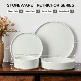 Onader Ceramic Dinnerware Sets for 6 Stoneware Plates and Bowls 24 Pieces Dishes Dinner Set Kitchen Dishware Tableware with Pasta Bowl - Cloud White