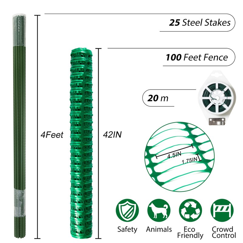 Safety Fence Plastic Mesh Fencing Roll,1 Roll with 25 Steel