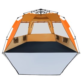 Tangkula 3-4 Person Easy Pop Up Beach Tent, UPF 50+ Portable Sun Shelter w/ 3 Ventilation Windows, Zippered Front Porch, 4 Storage Pockets & Carrying Bag, Instant Beach Sun Shade with 8.5mm Rod