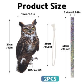 Bird Scarer, 2 Pieces Fake Owl Hanging Owl to Keep Birds Away Reflective Hanging Bird Decoration to Keep Birds Away from the Garden Patio Window
