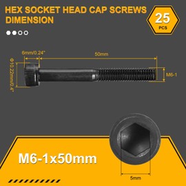 DTGN M6-1x50 Socket Head Cap Screws Bolts - 25Pack - Good for Road Bicycle, Mountain Bike, Auto, Motorcycle - Carbon Steel Hex Head Metric Screws, Black