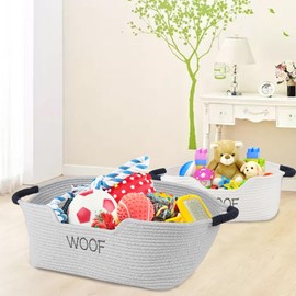 Morezi Dog toy basket 2 pieces dog toy box bin in cotton rope shallow organier storage - Perfect for collecting puppy combs shampoo brushes towel grooming stuff in bathroom playroom closet