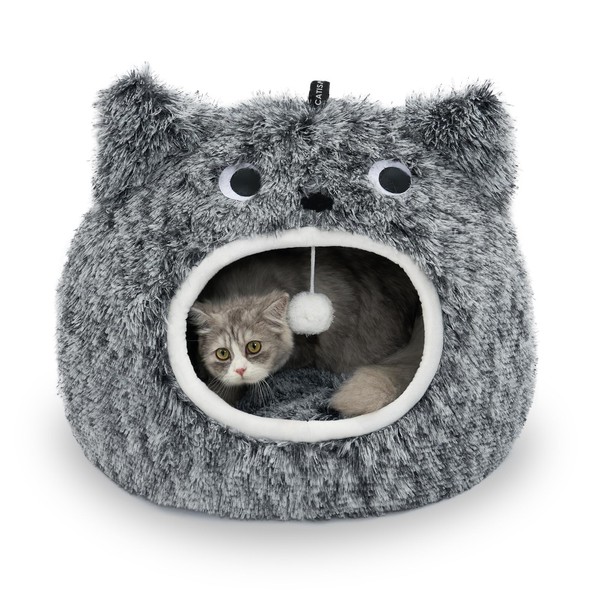 CATISM Cat Bed Cute Cat Bed Cave, Soft Plush Cat House, Cozy for Indoor Cats or Small Dog Bed, Washable Cet Bed with Cat Cushion, Black (20 * 20 * 16 Inches)