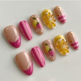 French Tip Press on Nails Short Almond SWEKKE Fake Nails 3D False Nails with Strawberry Water Drop Flower Designs Pink Glossy Glue on Nail Summer Acrylic Nail for Women Girls 24Pcs
