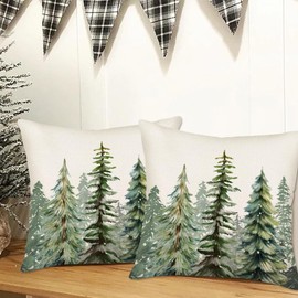 Set of 2 Watercolor Blue Green Christmas Tree Pillow Covers 24x24 Inch Farmhouse Christmas Decorations Nature Pine Tree Forest Decorative Throw Pillow Covers Outdoor Winter Decor for Home Couch