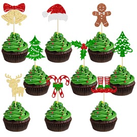 36 piezas de adornos para magdalenas de Navidad con purpurina, para árbol de Navidad, para cupcakes, sombreros, decoraciones de pastel de hombre de jengibre, para Navidad, día festivo, Año Nuevo, Navidad, baby shower, suministros para fiestas de cumpleañ