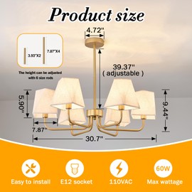 UOFUS 31" Gold Dining Room Light Fixture 6-Light Modern Farmhouse Chandeliers with Linen Fabric Shades Height Adjustable Ceiling Light Fixture for Kitchen Island Living Room Bedroom Entryway Office