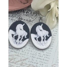 FANCY FOX BOUTIQUE Black & White Unicorn Silver Plate Earrings Cameo Birthday Gift Bridal Daughter