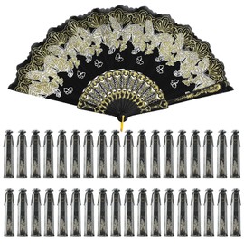 Geelin 50 Pcs Hand Lace Foldable Fans Bulk for Women with Organza Bag Lace Folded Hand European Retro Fan Bridal Dancing Prop Wedding Party Favors for Dancing Tea Party(Butterfly,Gold)